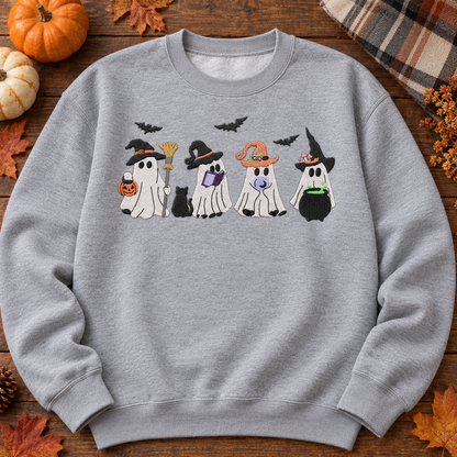 Sport Grey four witchy ghosts embroidered sweatshirt flat lay with autumn pumpkins and leaves