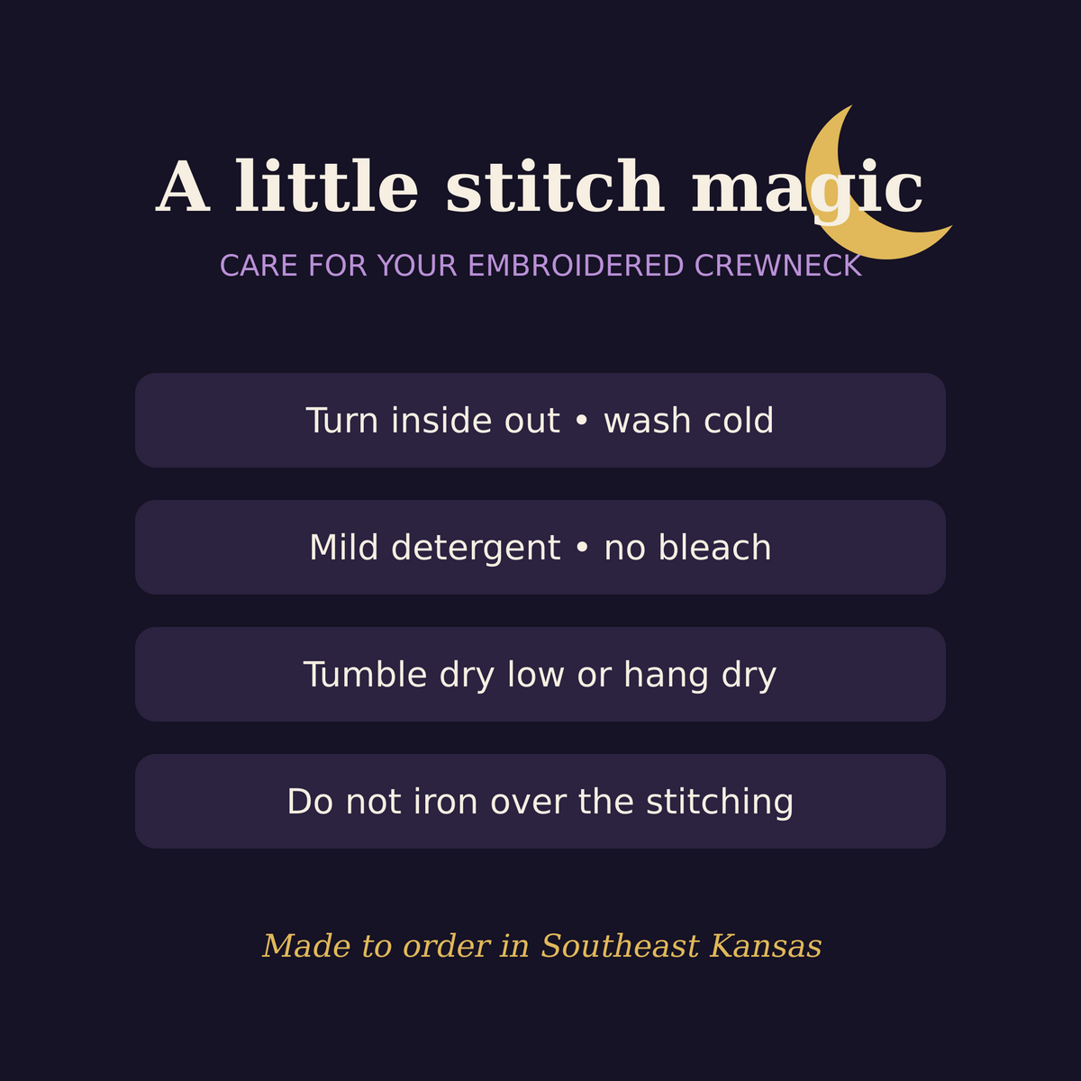 Care instructions for the Witchy Icons embroidered Halloween sweatshirt