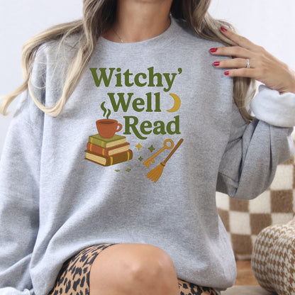 Ash Witchy Well Read embroidered sweatshirt for book lovers, lifestyle view