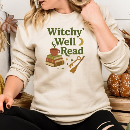 Sand Witchy Well Read embroidered sweatshirt with books, coffee cup, key and broom