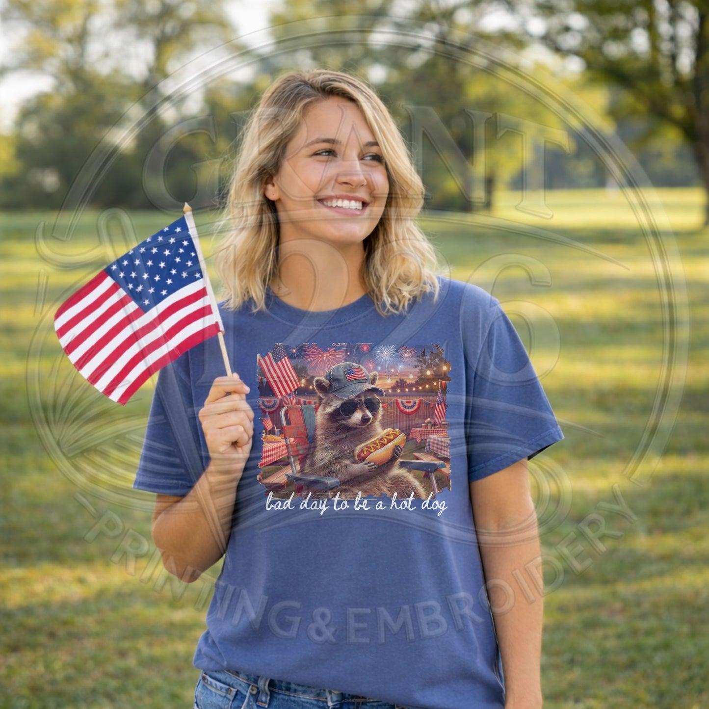 Women’s patriotic hot dog raccoon graphic tee