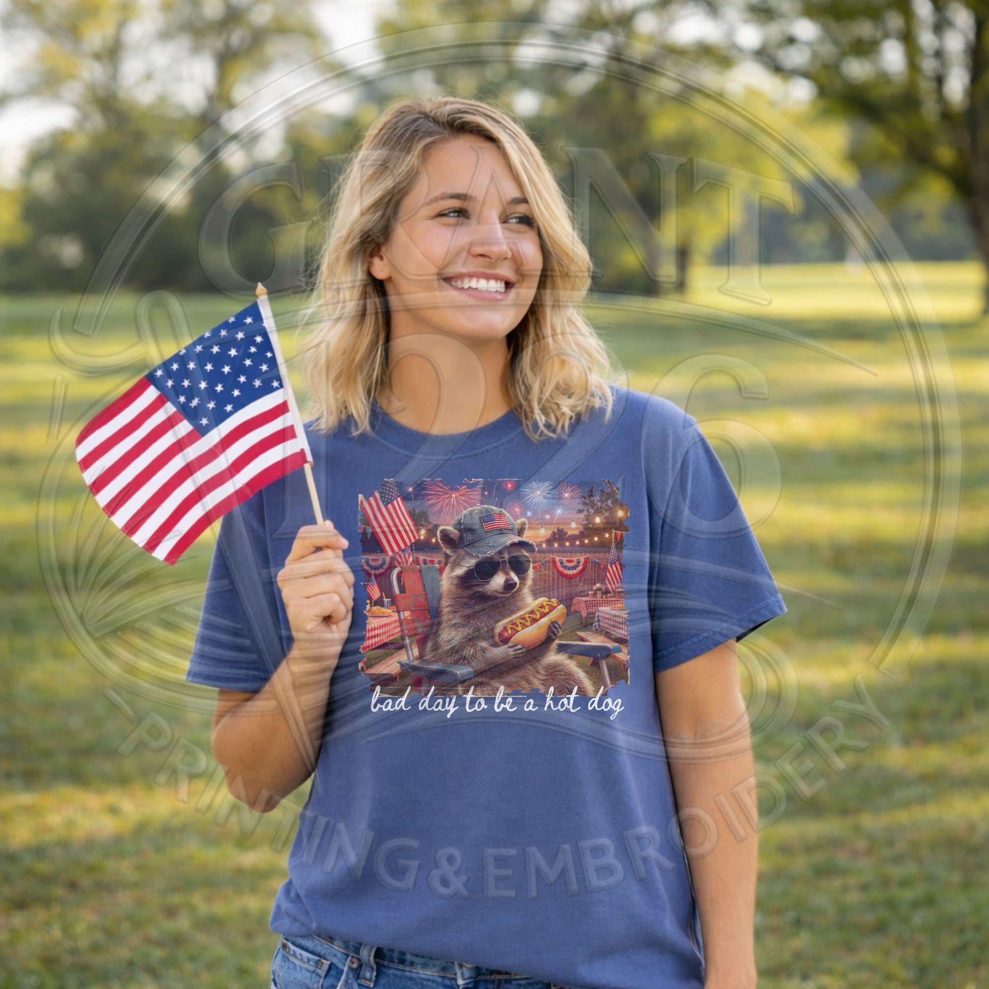 Women’s patriotic hot dog raccoon graphic tee