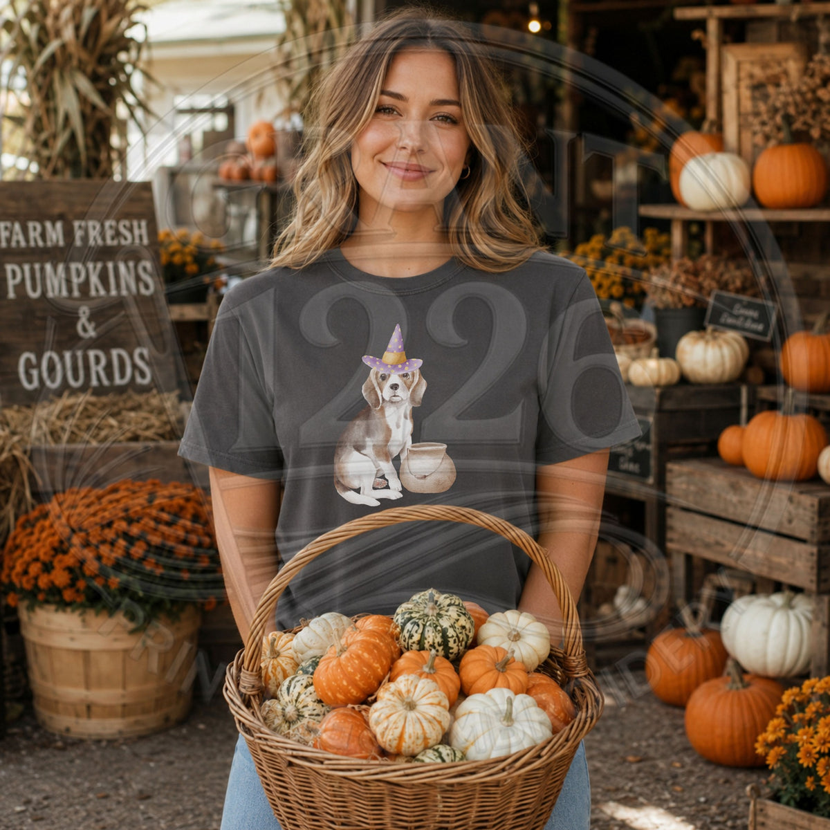 Pepper beagle witch Halloween short sleeve shirt at pumpkin market