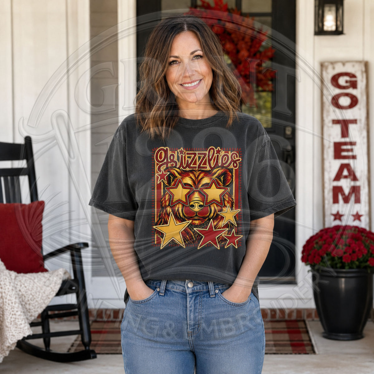 Woman wearing charcoal Labette County Grizzlies Comfort Colors game day T-shirt
