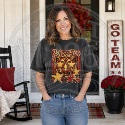 Woman wearing charcoal Labette County Grizzlies Comfort Colors game day T-shirt