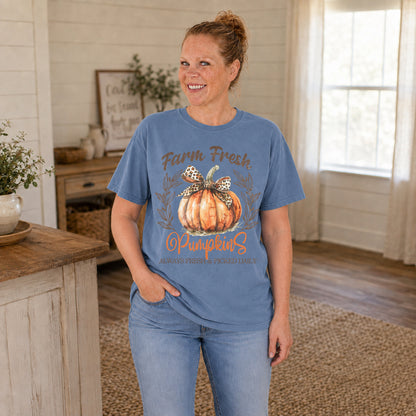 Blue Jean Comfort Colors women's fall graphic shirt featuring a Farm Fresh Pumpkins design