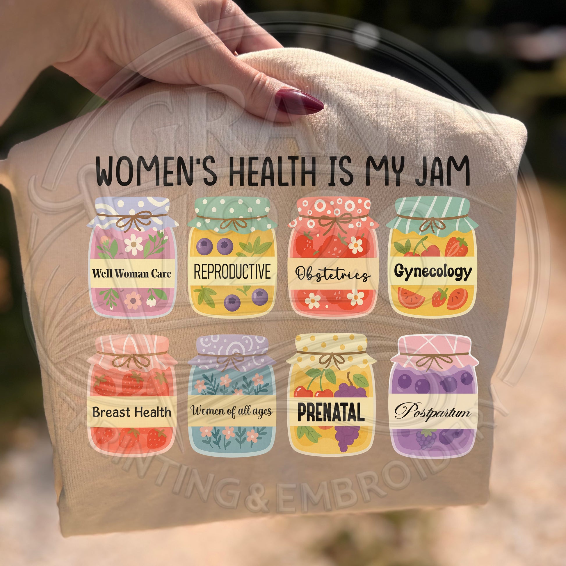 DTG jam jar print for nurses on a neutral color