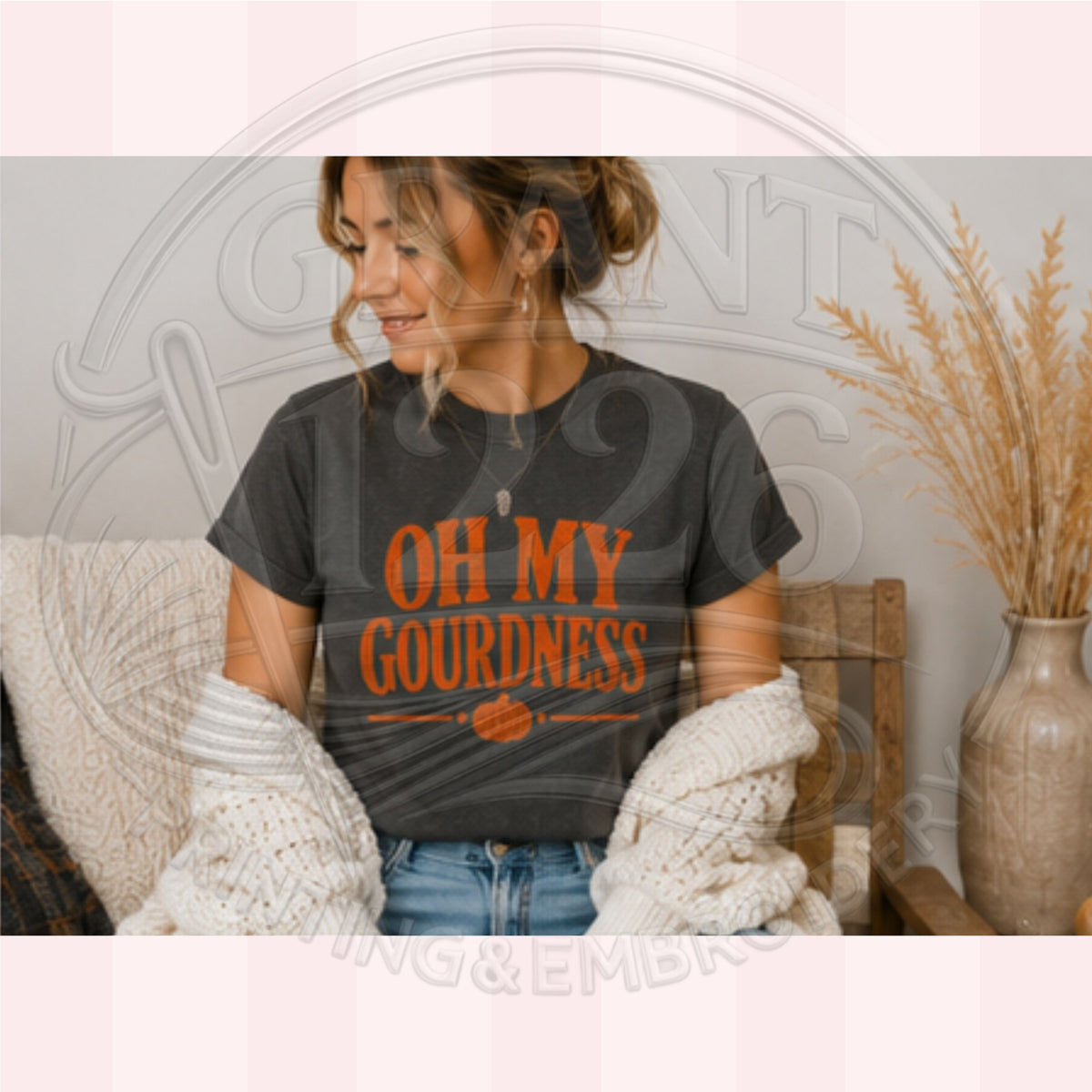 Woman wearing charcoal Oh My Gourdness Comfort Colors fall graphic T-shirt
