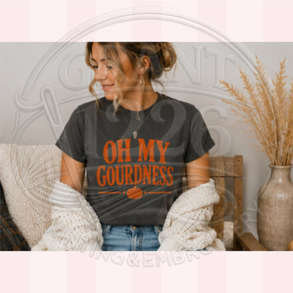 Woman wearing charcoal Oh My Gourdness Comfort Colors fall graphic T-shirt