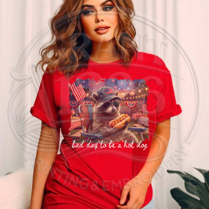 Women’s red patriotic raccoon hot dog shirt