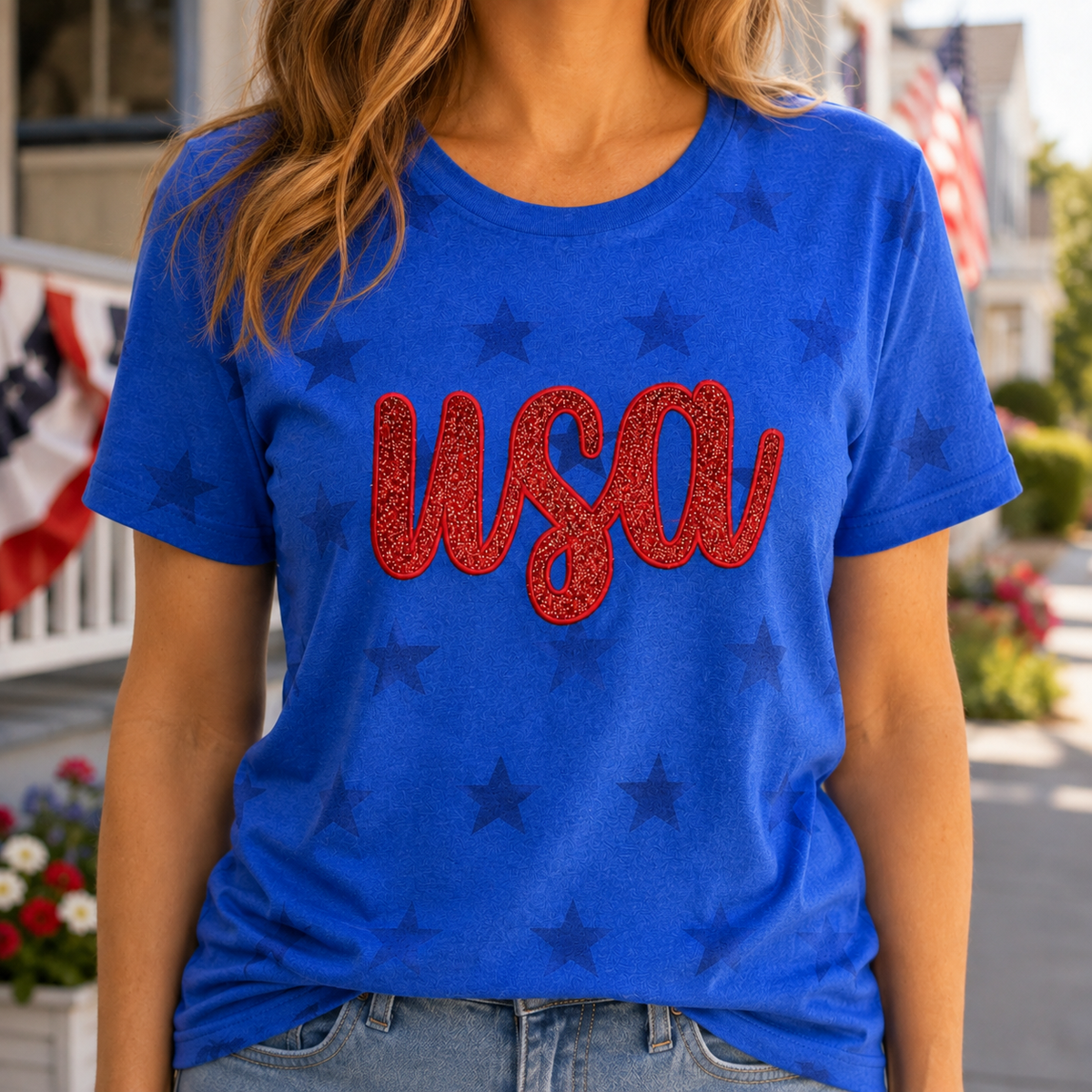 Royal Star women’s USA appliqué shirt for Fourth of July