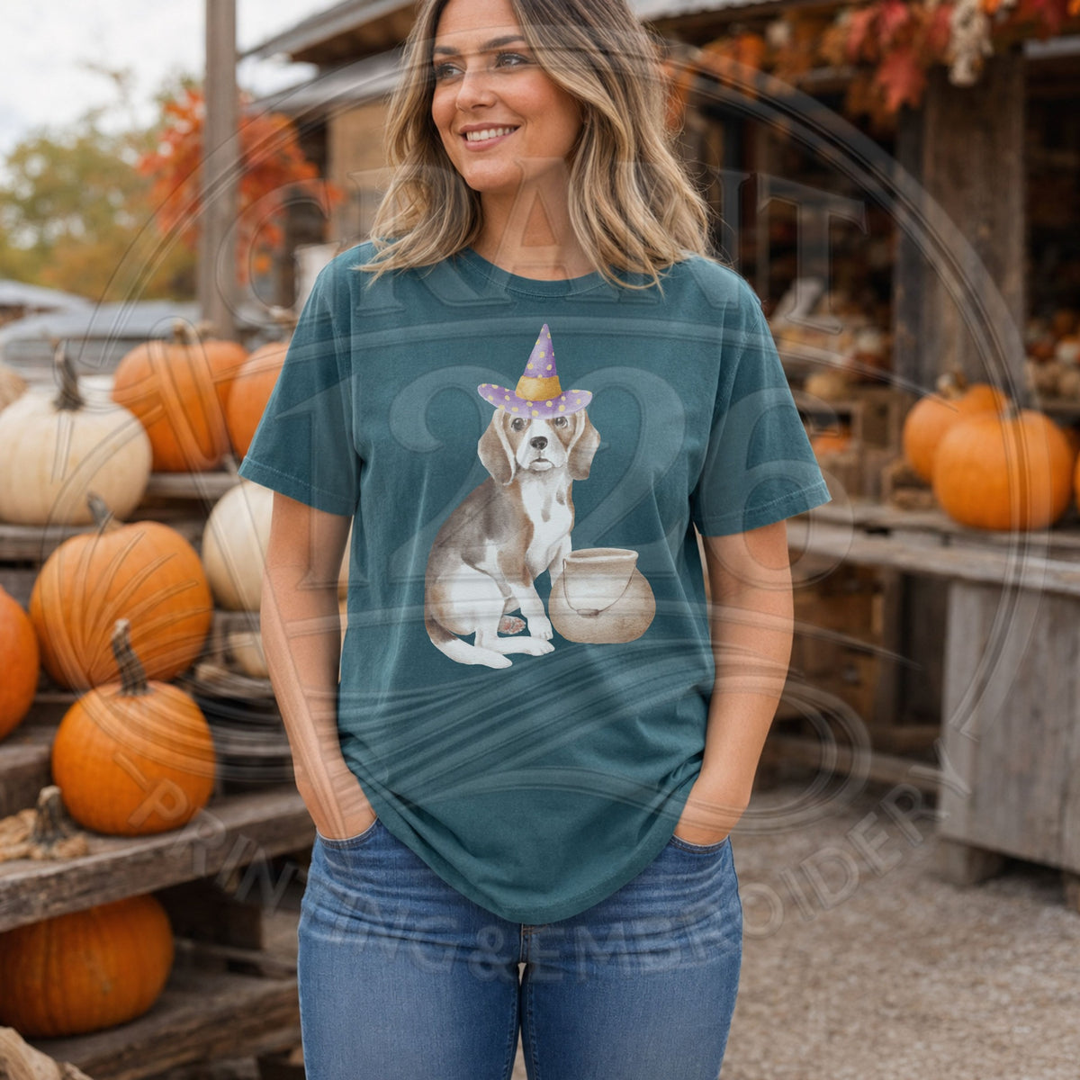 Blue Spruce beagle witch Halloween short sleeve shirt at pumpkin patch