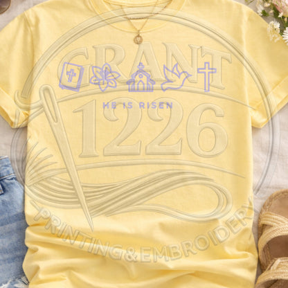 Butter yellow He Is Risen faith based Easter t shirt featuring pastel Christian icons and church artwork