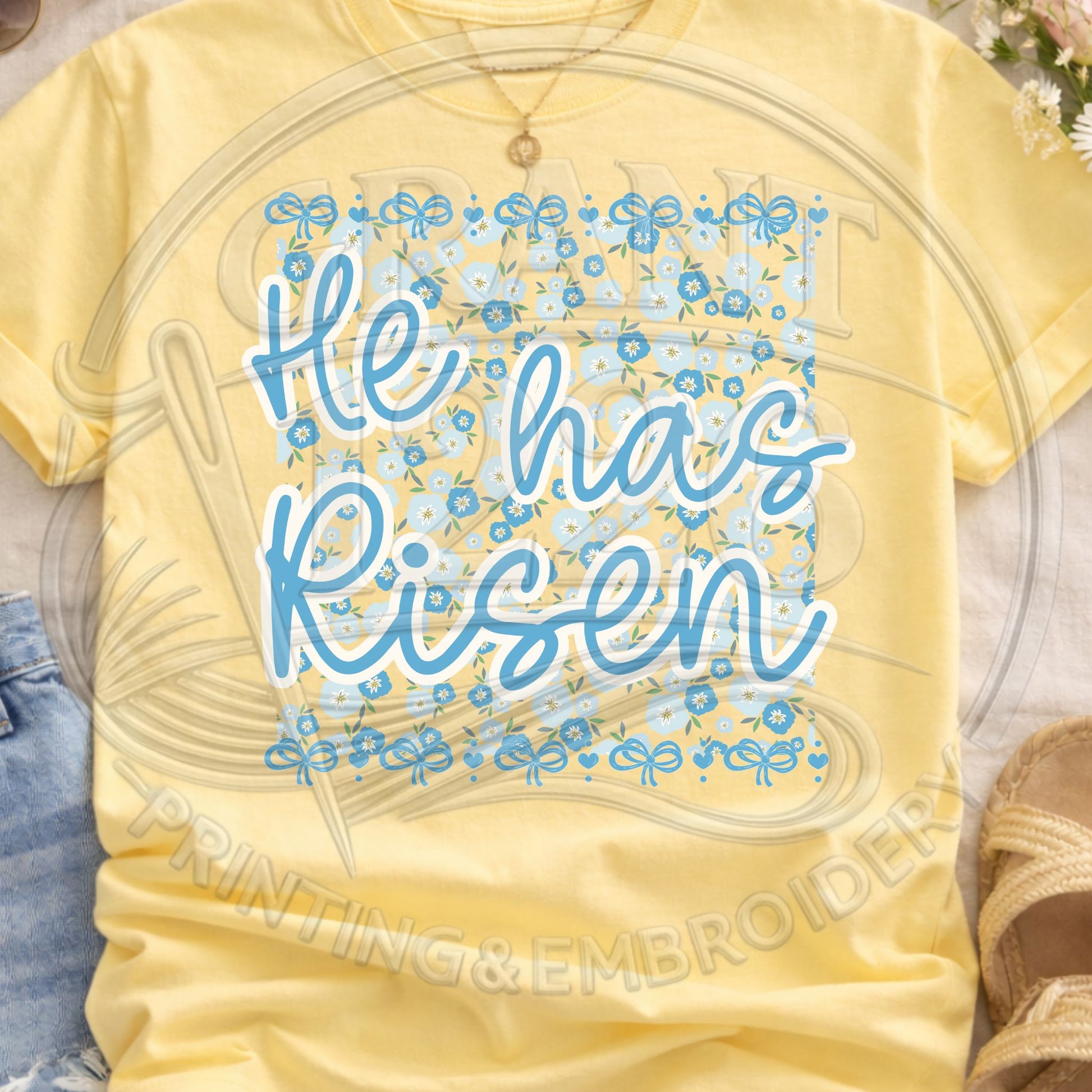 Yellow pastel “He Has Risen” t-shirt