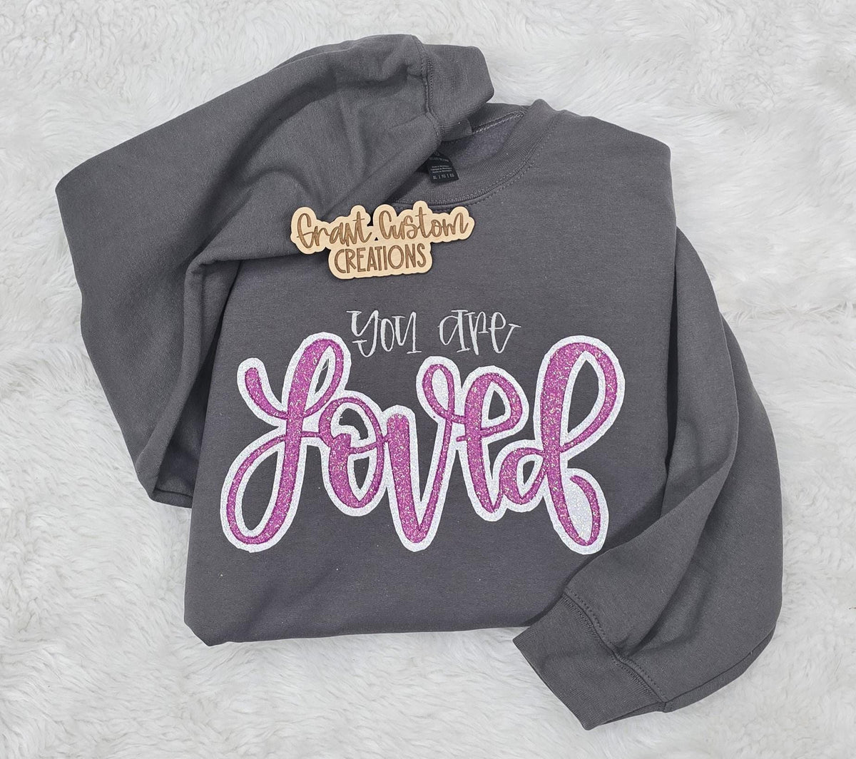 You Are Loved embroidered sweatshirt on Gildan crewneck in charcoal