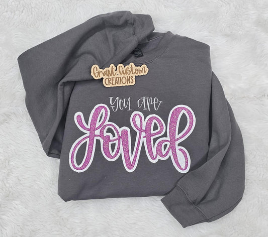 You Are Loved embroidered sweatshirt on Gildan crewneck in charcoal