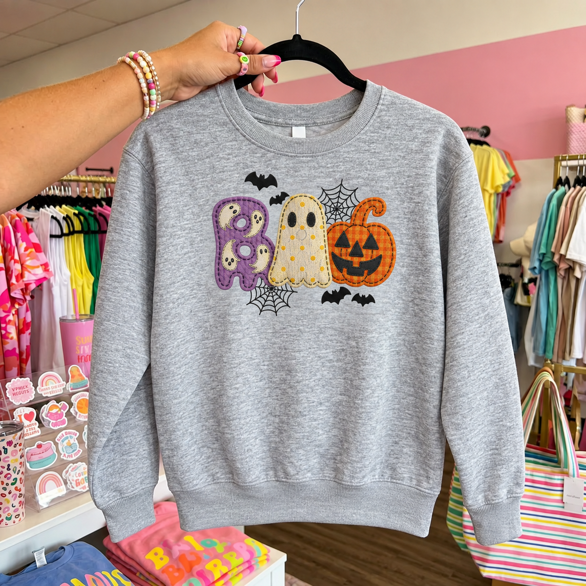 Heather LAT youth BOO Halloween sweatshirt with ghost pumpkin bats and spiderweb design