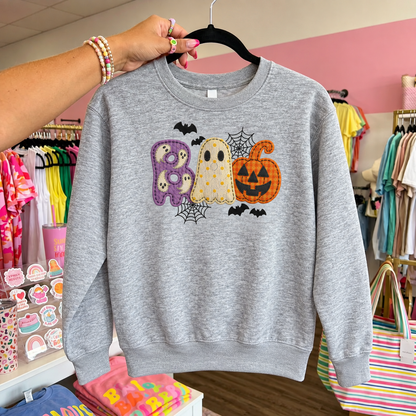 Heather LAT youth BOO Halloween sweatshirt with ghost pumpkin bats and spiderweb design